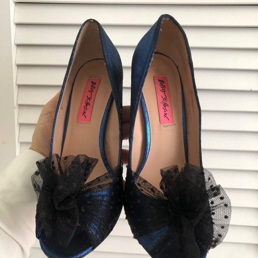 Betsey Johnson Bonnie Electric Blue Polka Dot Tulle Peep Toe Heels Sz 7.5 - Picture 6 of 8